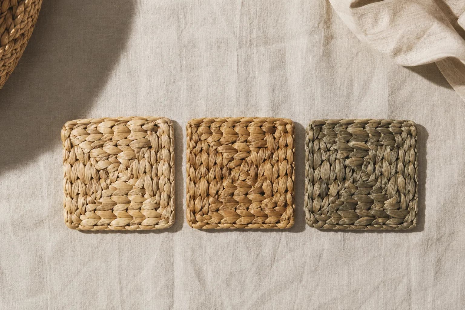 Three woven seagrass squares side by side, each a visibly different natural batch shade: pale straw, warm hay and greenish grey.