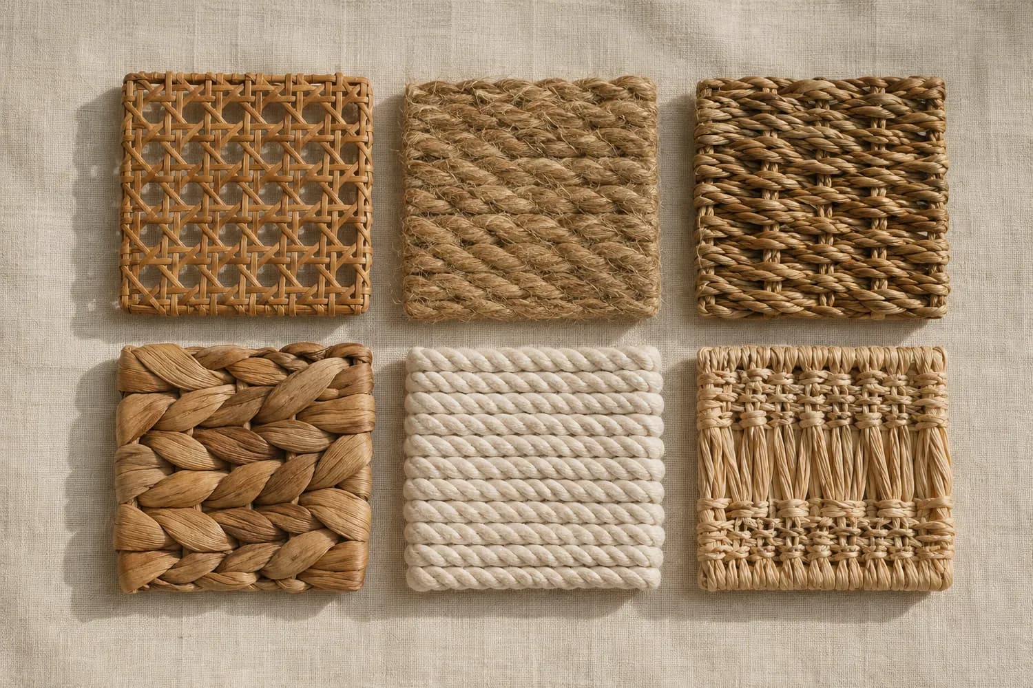 Six woven fibre swatches laid out in two rows of three, each a different natural fibre, photographed from above.