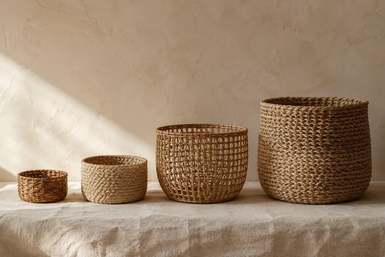 Four natural fibre baskets of clearly different sizes arranged in a row from smallest to largest, all empty.