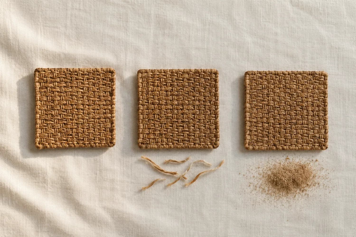 Three woven squares in a row: one clean, one with a few loose strands beside it, one with a small pile of fibre dust.