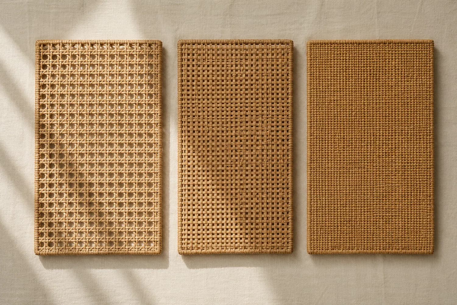 Three woven panels side by side showing an open weave with visible gaps, a medium weave and a tight weave with no gaps.