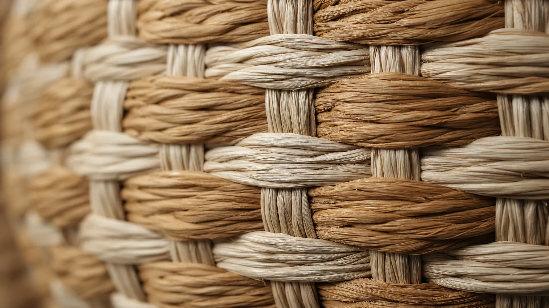 Dense seagrass weave in close macro: flat straw-green blades coiled in tight rows, each strand and its shadow visible.