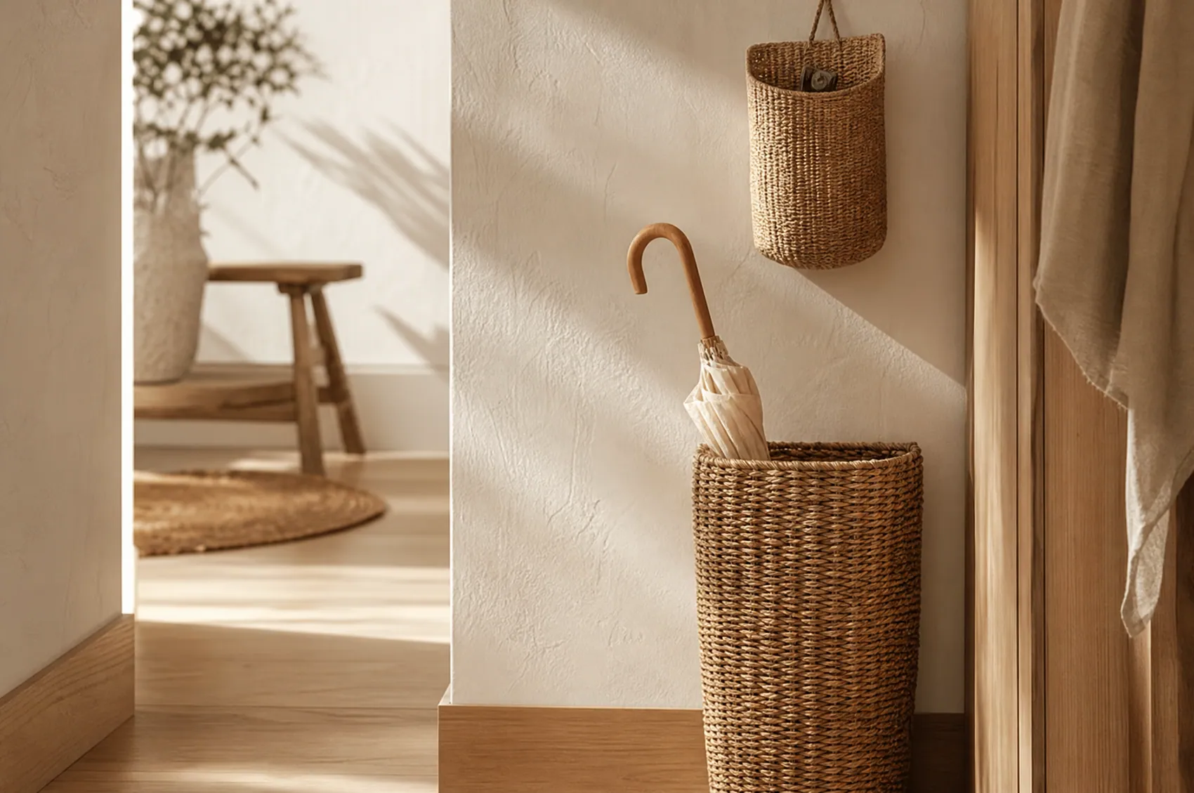 A hallway corner with a tall narrow woven basket holding a rolled umbrella and a small woven key pocket on the wall above it.
