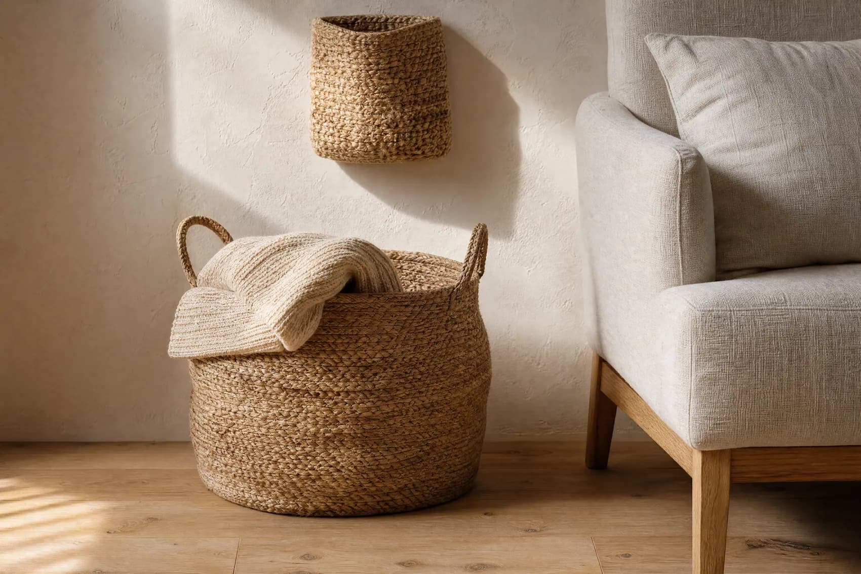 A quiet living room corner: a large jute basket holding a folded oatmeal knit throw beside a linen armchair, with a small woven wall pocket on the pale wall above.