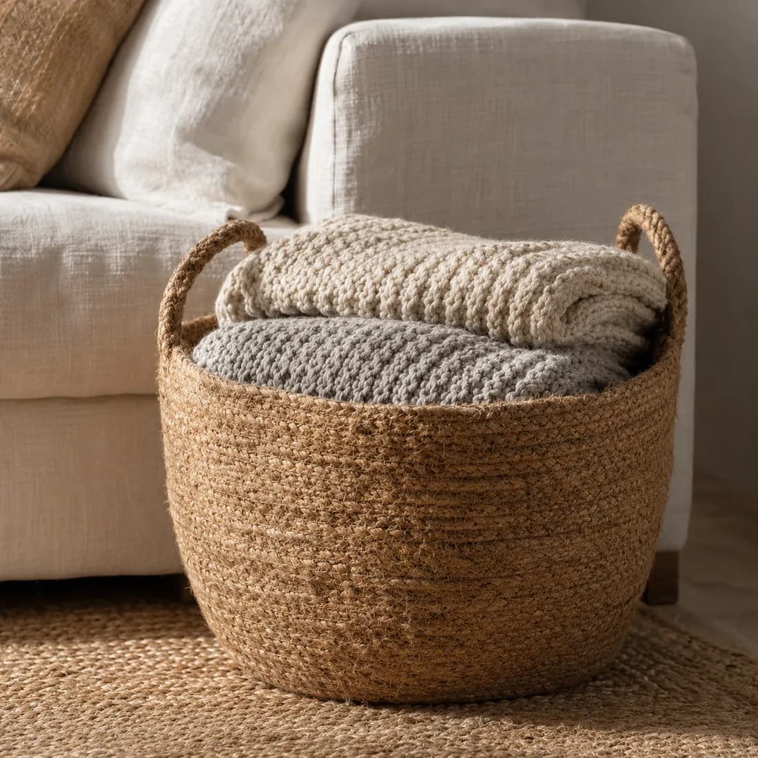 Blanket Basket Ø42 — Jute in use, loaded, photographed in a room