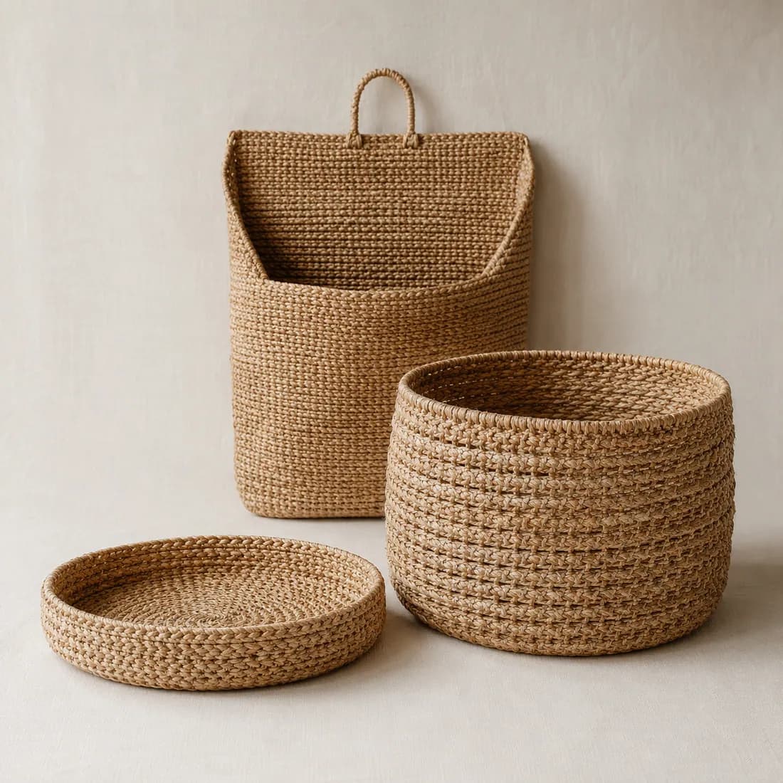 A grouped set of a flat woven wall pocket, a medium round floor basket and a small woven tray.