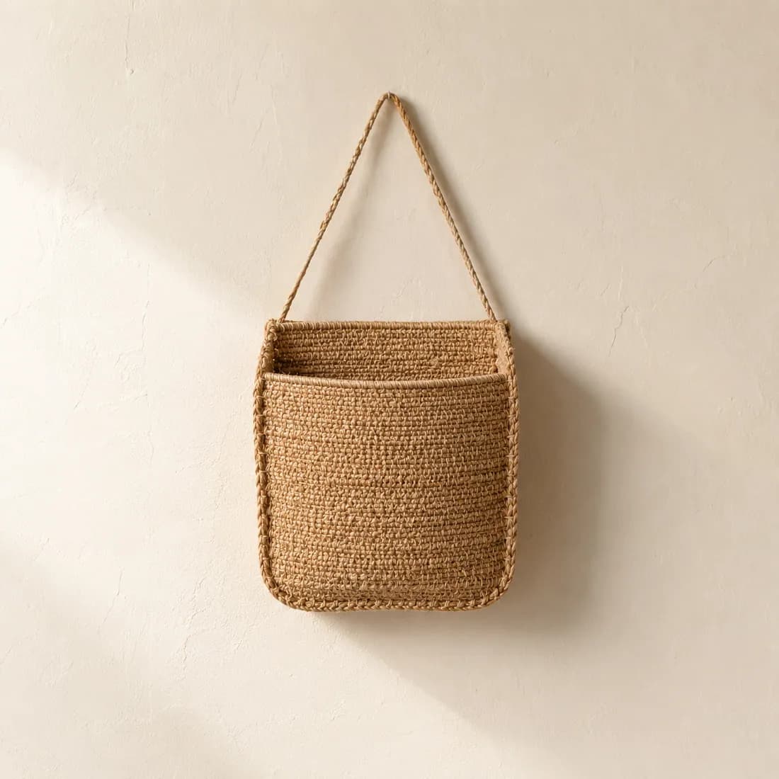 Key & Mail Wall Pocket — Seagrass — Seagrass weave, shown empty on a plain background