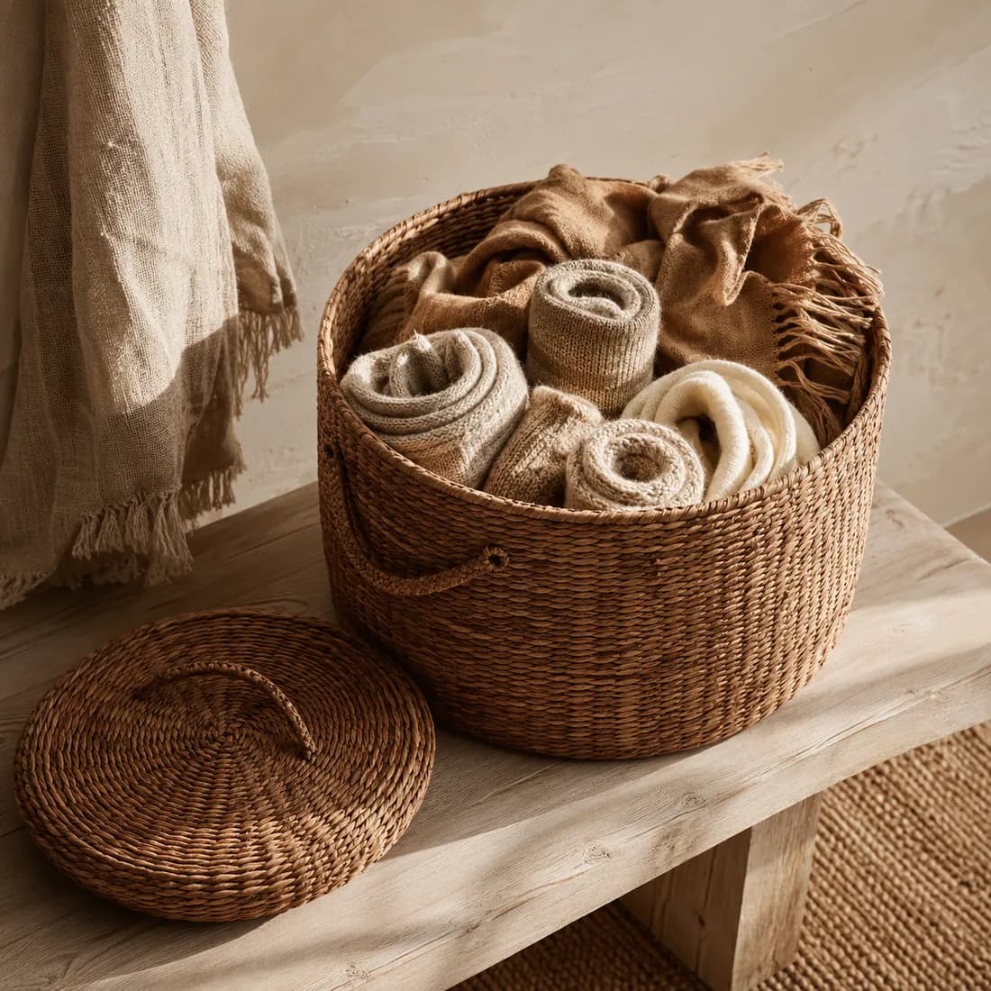 Lidded Basket Ø30 — Rattan in use, loaded, photographed in a room