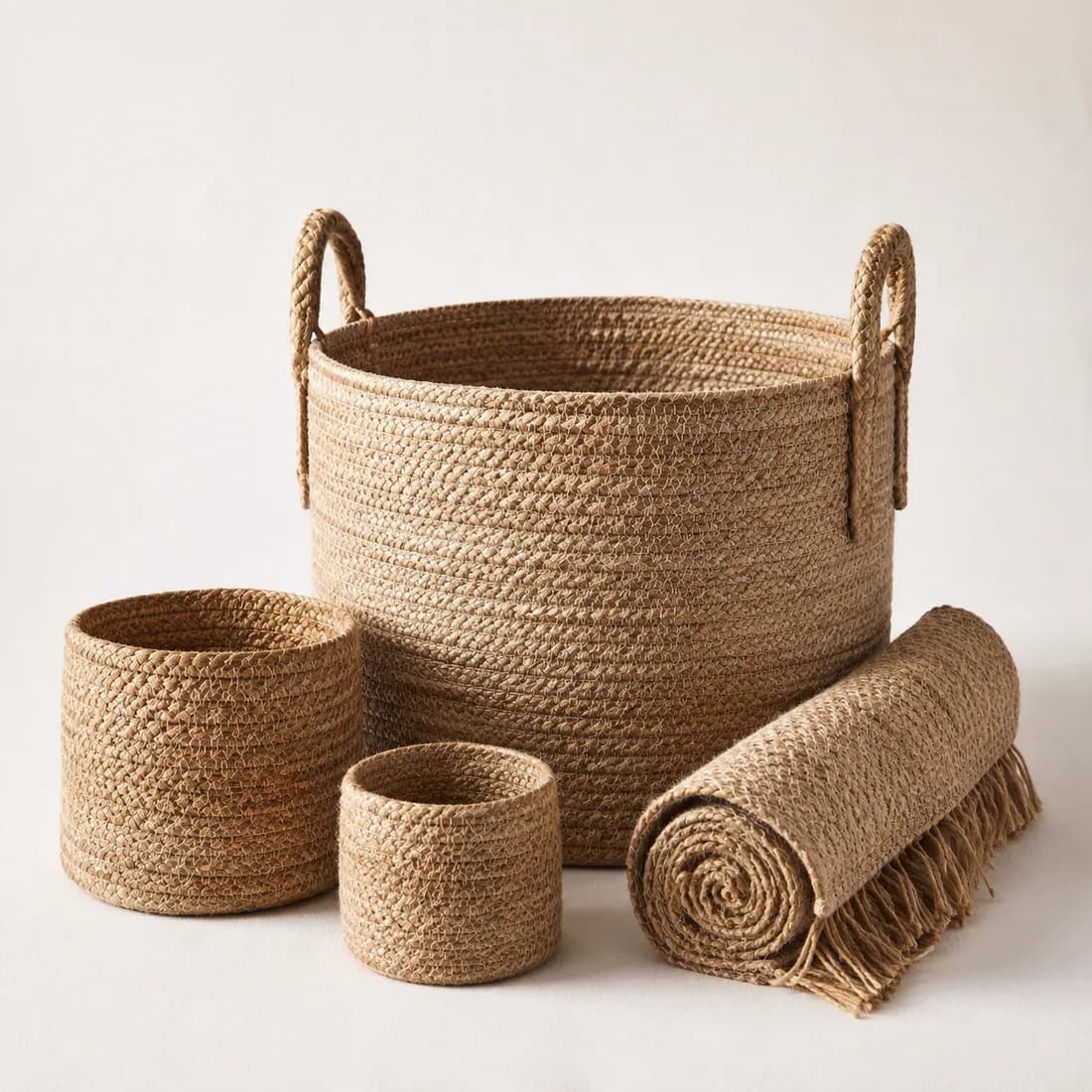 Living Room Set — Blanket Basket, Two Pot Covers & Runner — Jute weave, shown empty on a plain background