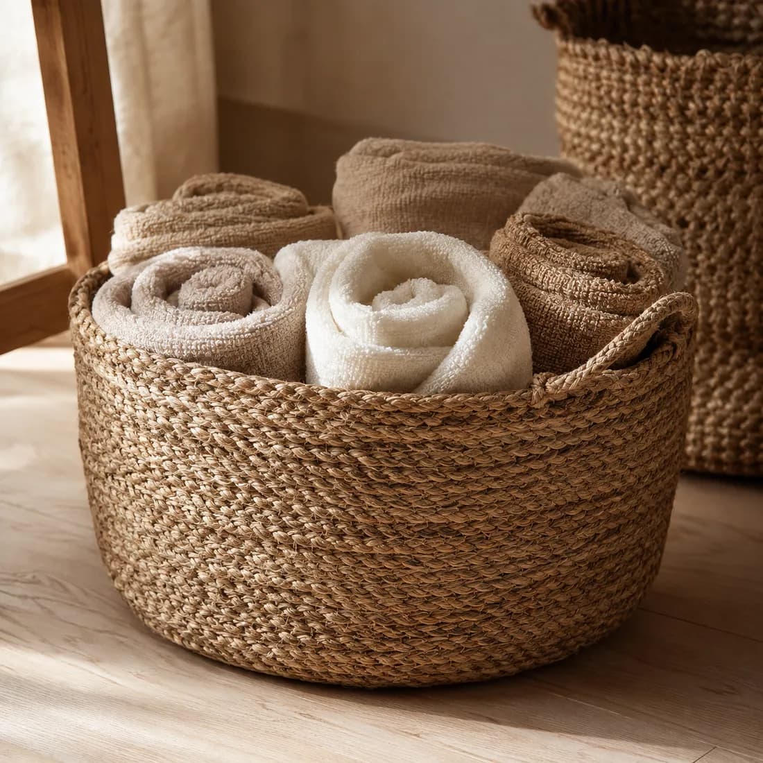 Round Basket Ø25 — Seagrass in use, loaded, photographed in a room
