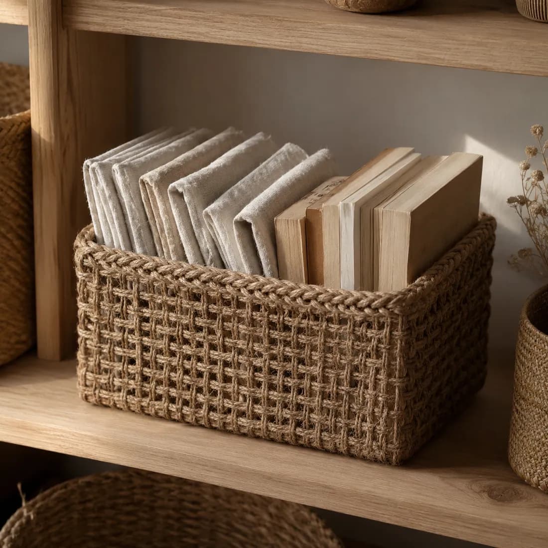 Square Basket 30×30 — Jute in use, loaded, photographed in a room