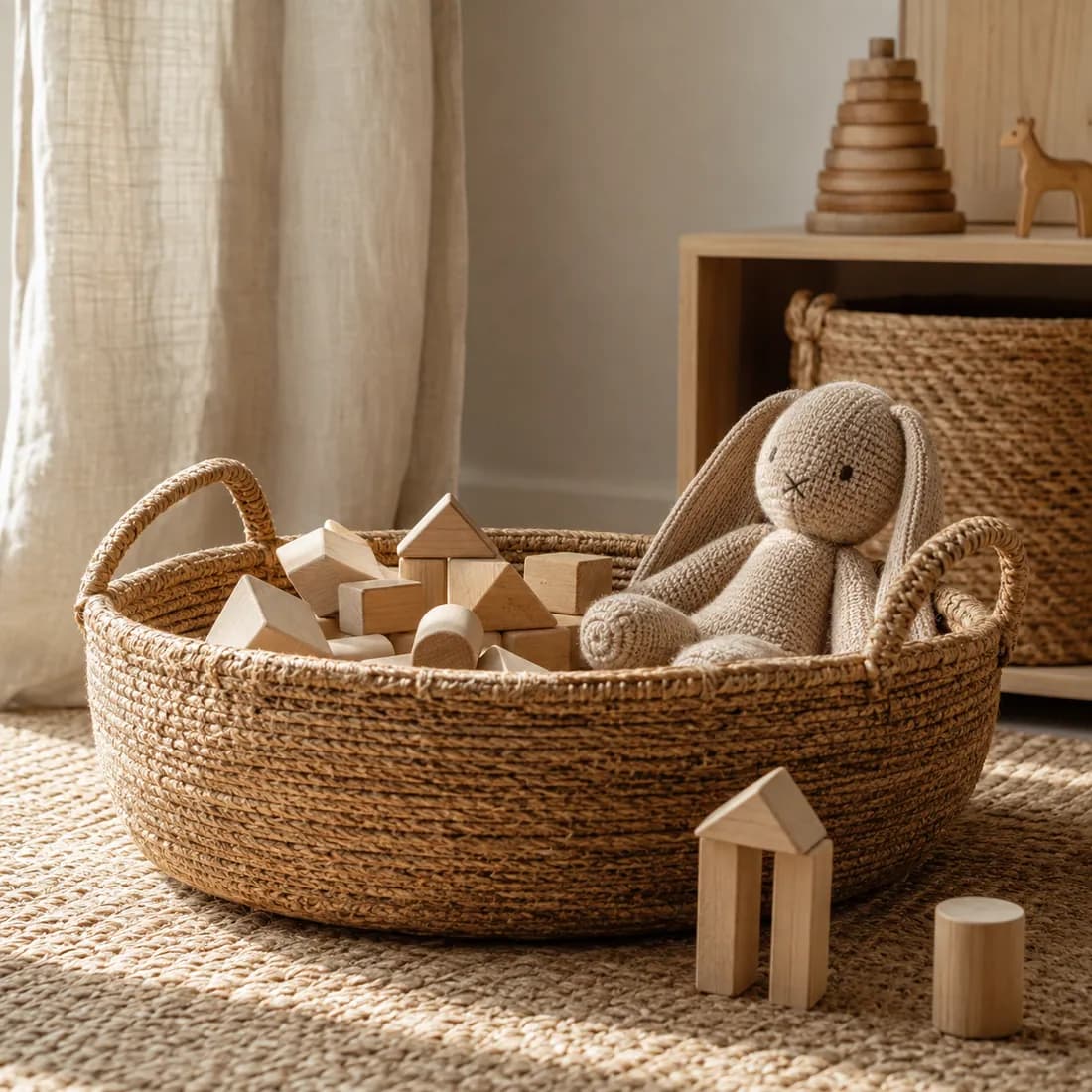 Toy Storage Basket Ø45 — Jute in use, loaded, photographed in a room