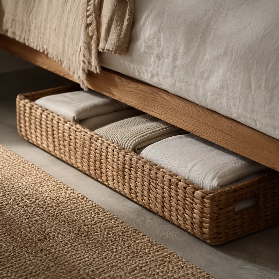 Under-Bed Basket 60×40 — Water Hyacinth in use, loaded, photographed in a room
